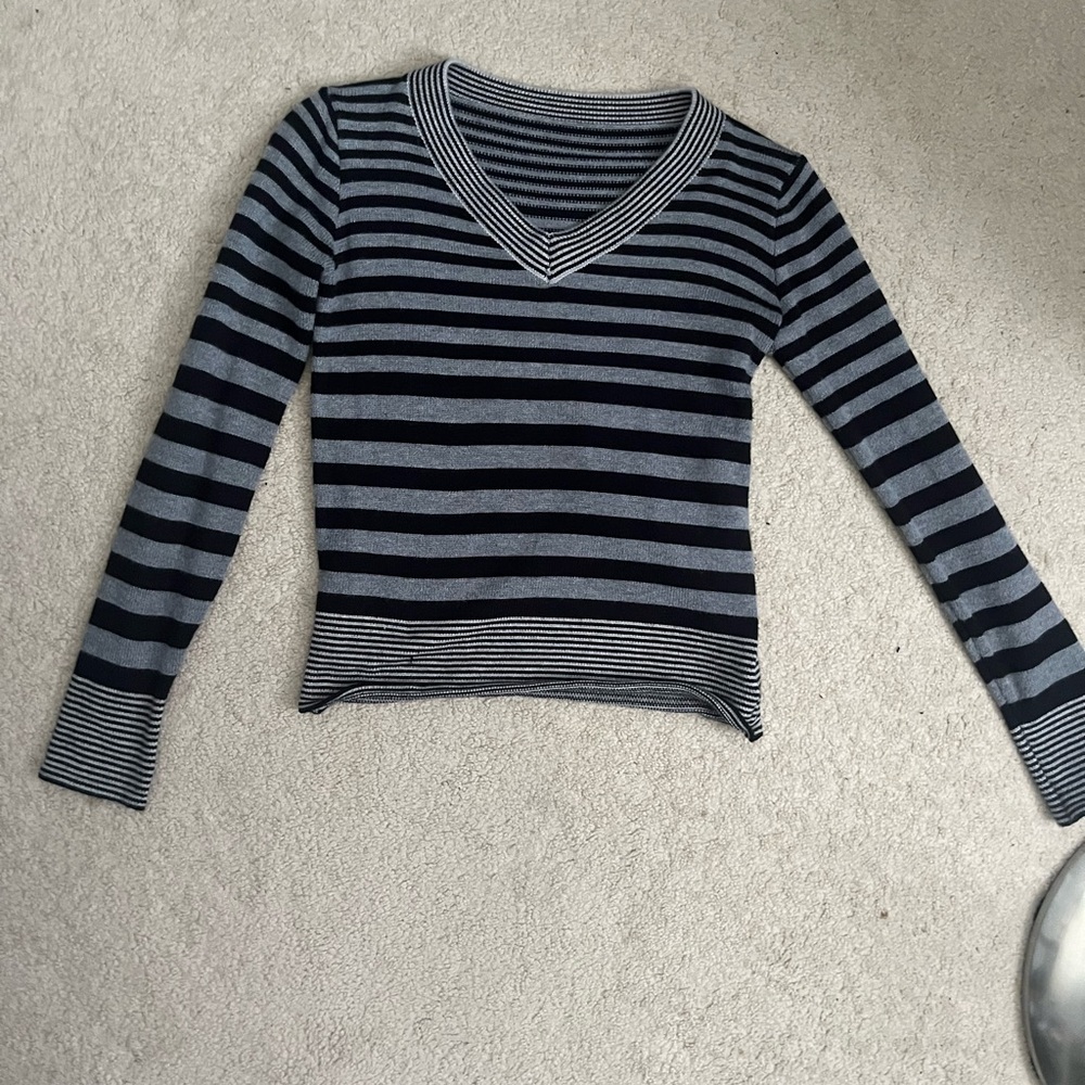 Striped V-Neck Sweater - Black and Gray